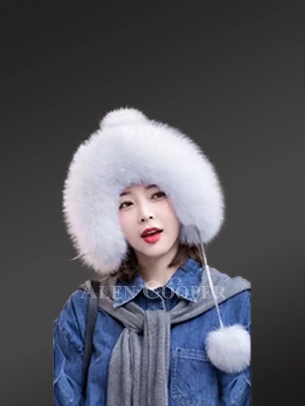 Women's Beanie Hat with Fox Fur Trims and Pom Pom