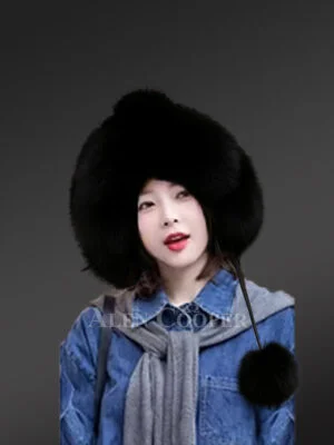 Women's Beanie Hat with Fox Fur Trims and Pom Pom