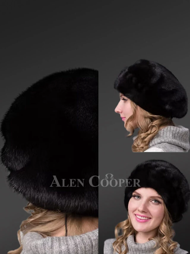 Black Mink Fur Womens Beret with Decorative Elements