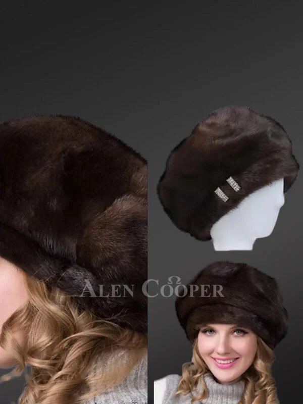 Women's Black Mink Beret Hat - Image 2
