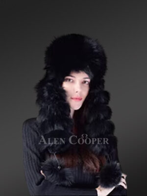 Women's Full Fox Fur Hat with Pom Pom Sidetails