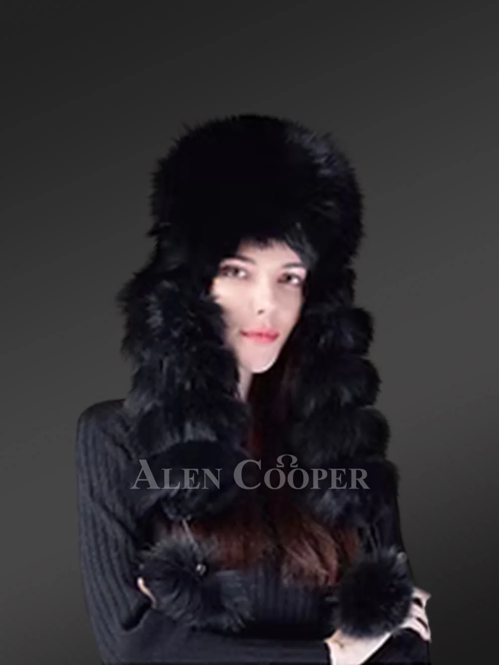 Women's Full Fox Fur Hat with Pom Pom Sidetails