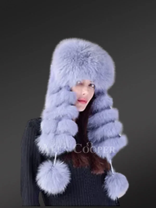 Women's Full Fox Fur Hat with Pom Pom Sidetails - Image 2