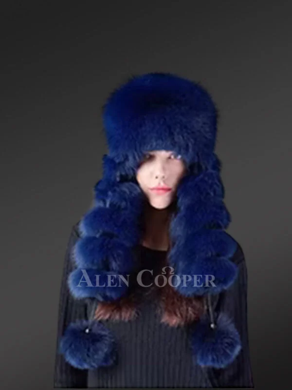 Women's Full Fox Fur Hat with Pom Pom Sidetails - Image 3