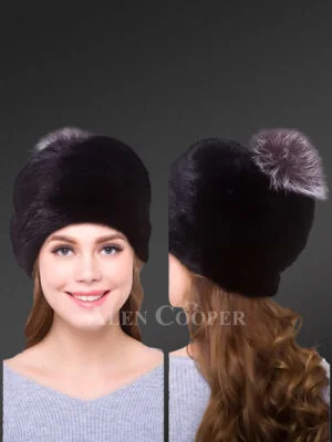 Women's Mink Beanie Hat with Silver Fox Pom Pom