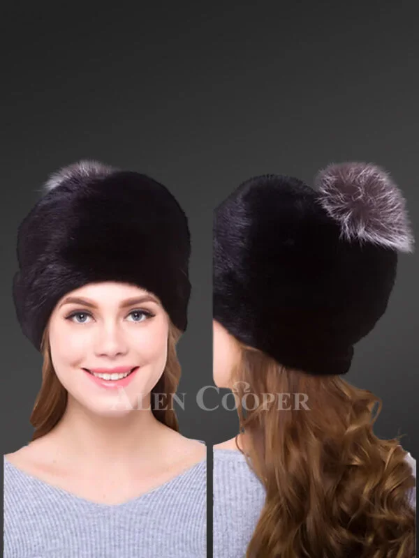 Women's Mink Beanie Hat with Silver Fox Pom Pom