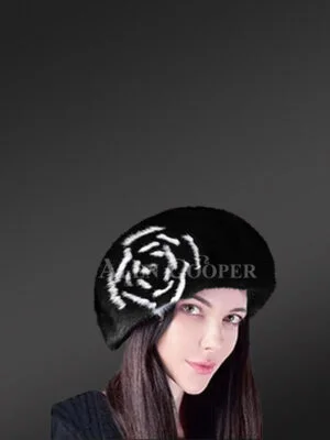 Women's Mink Beret Hat with Flower Accent