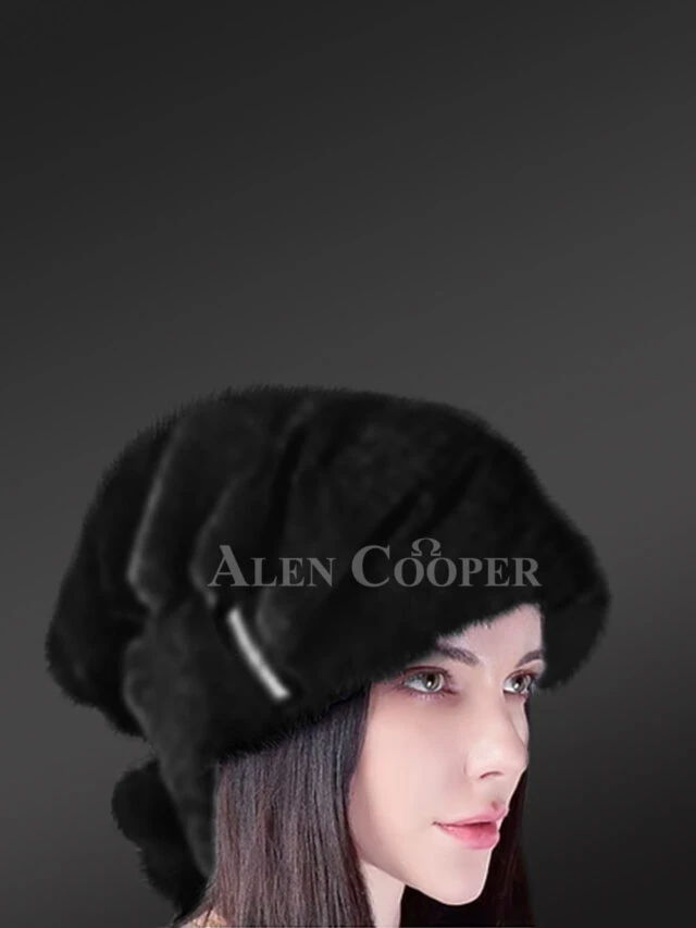 Womens Mink Hat with Pompom Adorned with Stylish Pin Detail