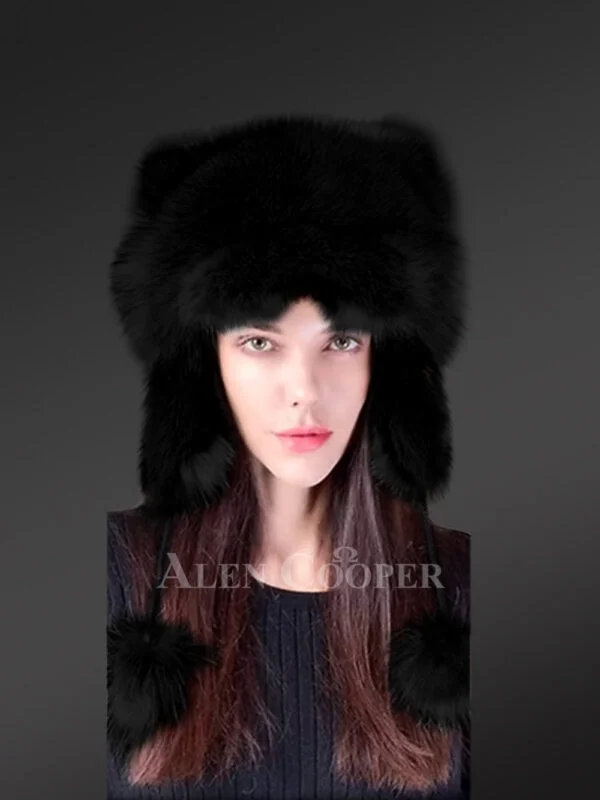 Womens Fox Fur Trapper Hat with Pompom - Image 2