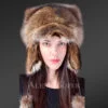 Women's Natural Fox Fur Trapper Hat with Pom Pom