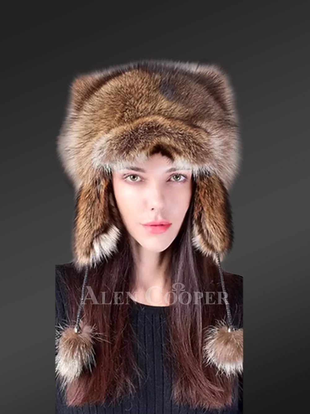 Women's Natural Fox Fur Trapper Hat with Pom Pom
