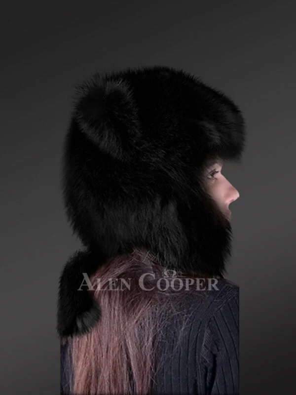 Womens Fox Fur Trapper Hat with Pompom - Image 4