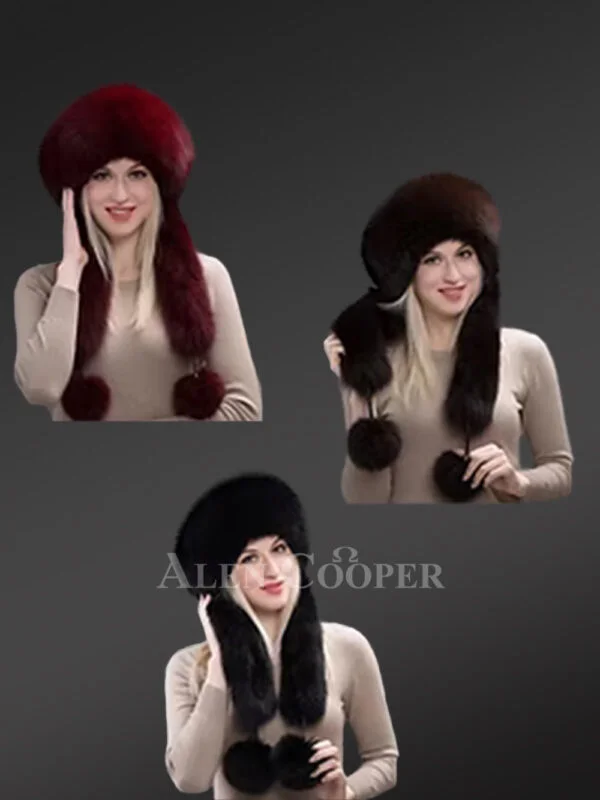 Women’s Fox Fur Hat with Pom Poms Tails - Image 2