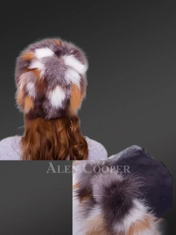 Women’s Multi Color Fox Fur Beeet Hat - Image 2