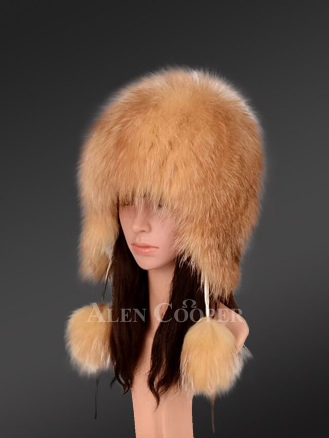Womens Golden Fox Fur Trapper Hat Winter Warmth Cloaked in Opulence