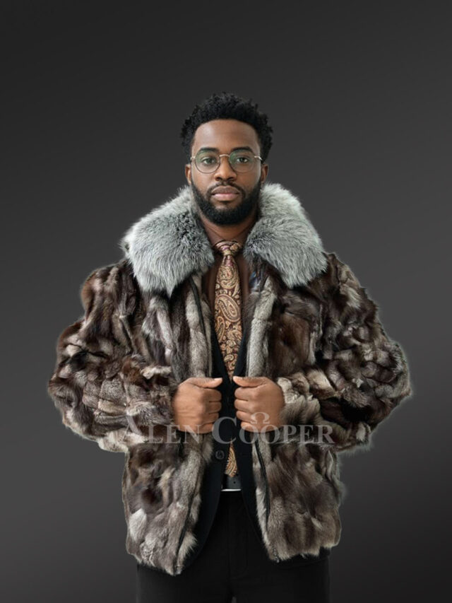 Mens Silver Fox Fur Bomber Jacket with a Stylish Collar of Blue Fox fur