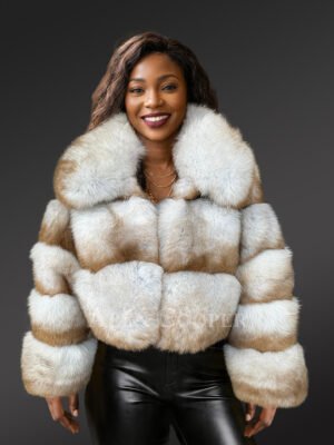 Womens Blue Fox Fur Crop Jacket