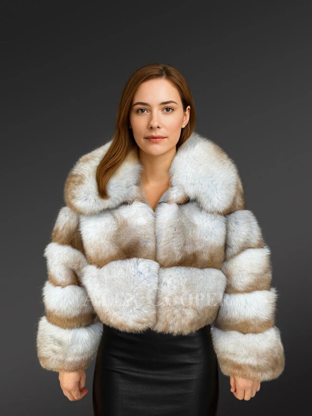 Womens Blue Fox Fur Crop Jacket–timeless elegance with unbeatable warmth