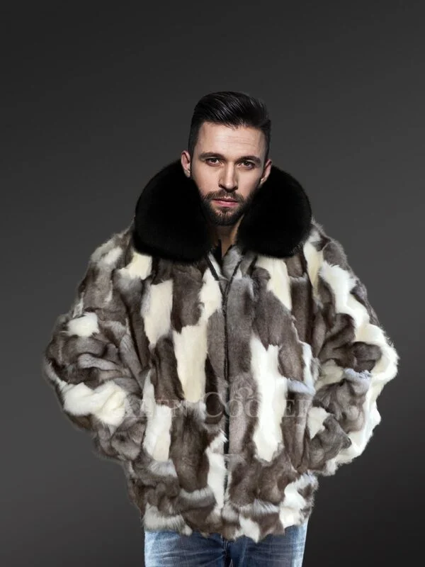 Mens Dual Tone Fox Fur Bomber Jacket with a Contemporary Appeal