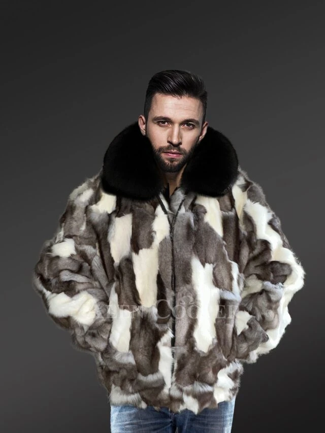 Mens Dual Tone Fox Fur Bomber Jacket with a Contemporary Appeal