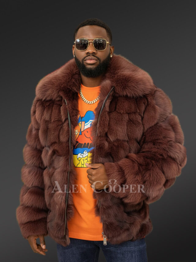 Mens Coffee Brown Fox Fur Bomber Jacket – Commands Attention with Chic Elegance