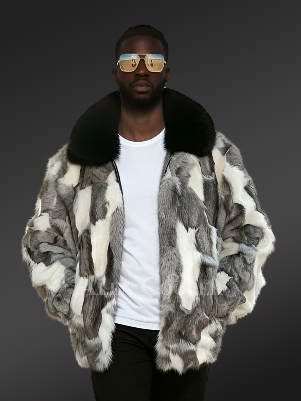 Mens Dual Tone Fox Fur Bomber Jacket with a Contemporary Appeal