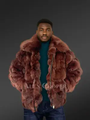 Men’s Coffee Brown Fox Fur Bomber Jacket (2)