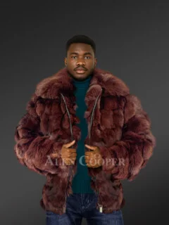 Mens Coffee Brown Fox Fur Bomber Jacket