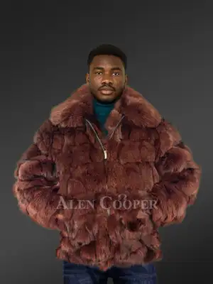 Men’s Coffee Brown Fox Fur Bomber Jacket (5)