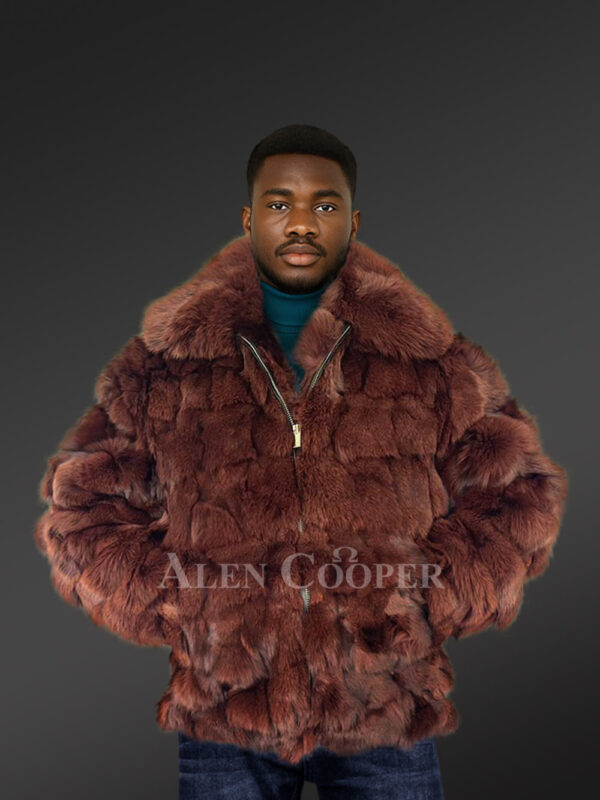 Men’s Coffee Brown Fox Fur Bomber Jacket (5)