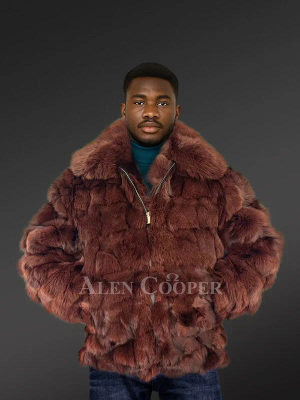 Men’s Coffee Brown Fox Fur Bomber Jacket (5)