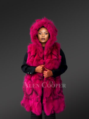 Womens Fuchsia Fox Fur Vestwith Hood – A Statement Piece with Exceptional Warmth