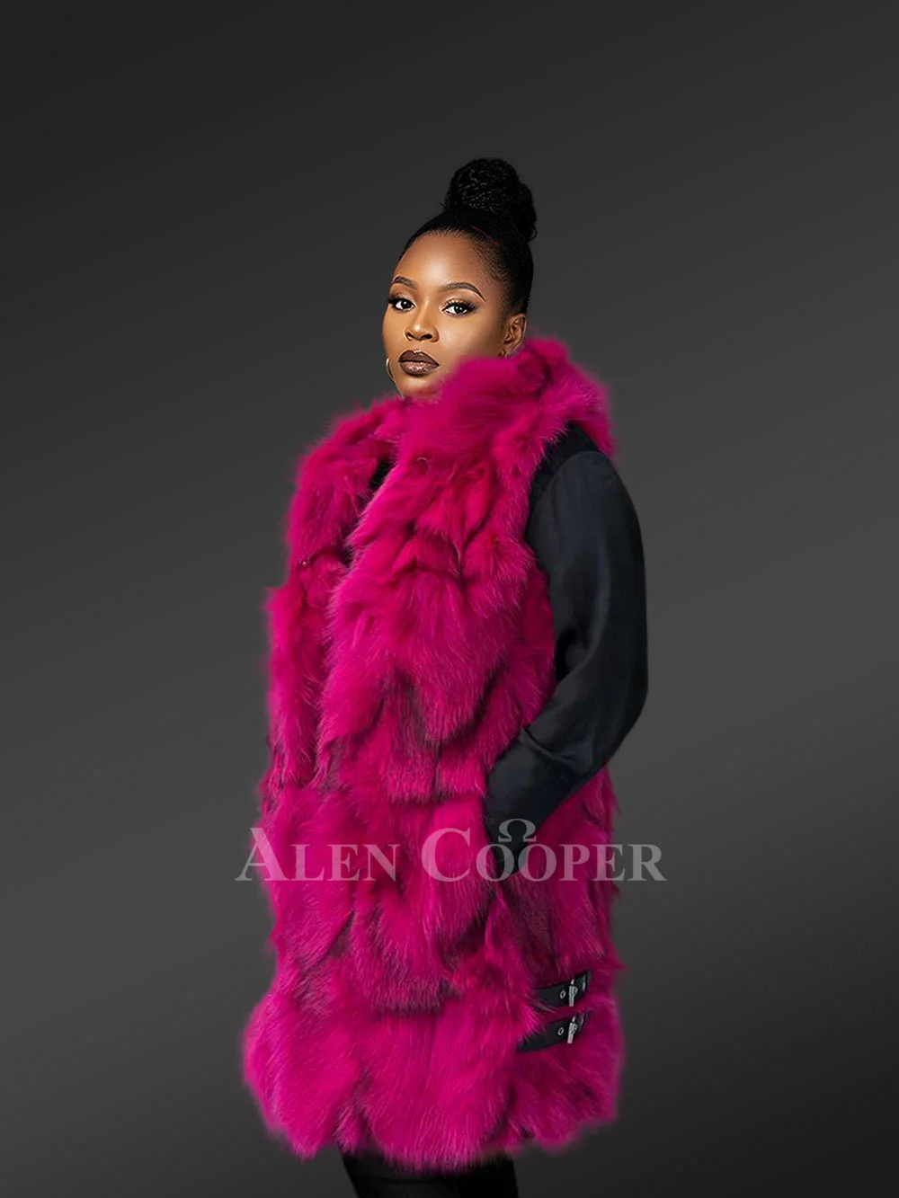 Fox Fur Vest in Fushia for Women - Image 5