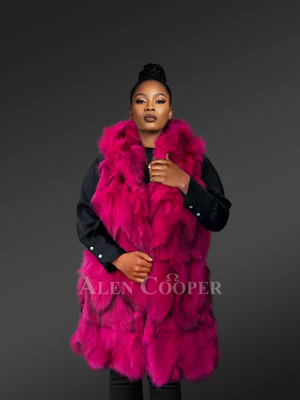 Fox Fur Vest in Fushia for Women - Image 4
