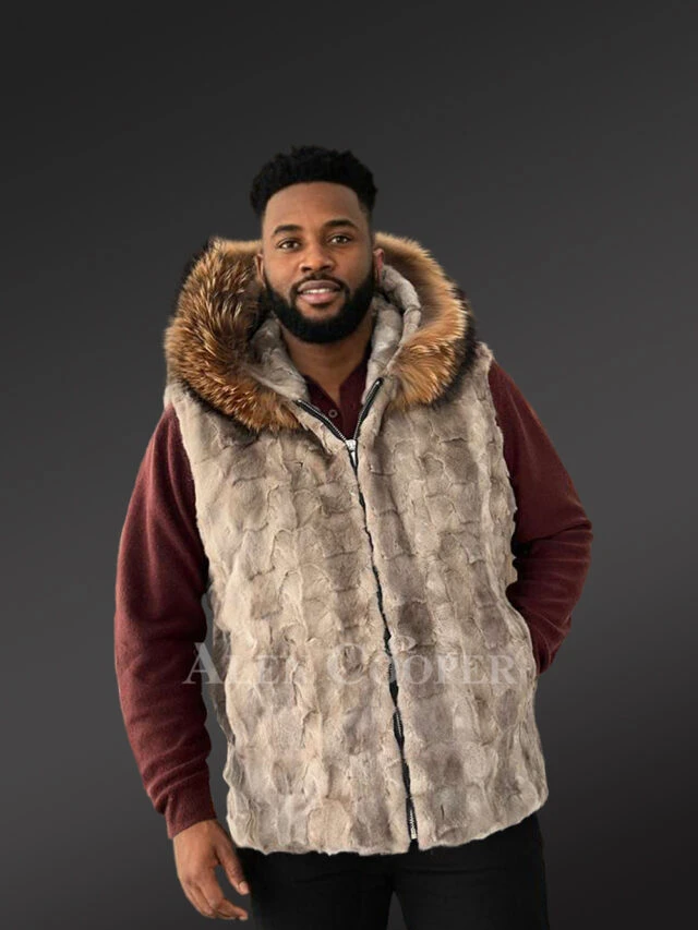Men’s Blue Iris Mink Hooded Vest