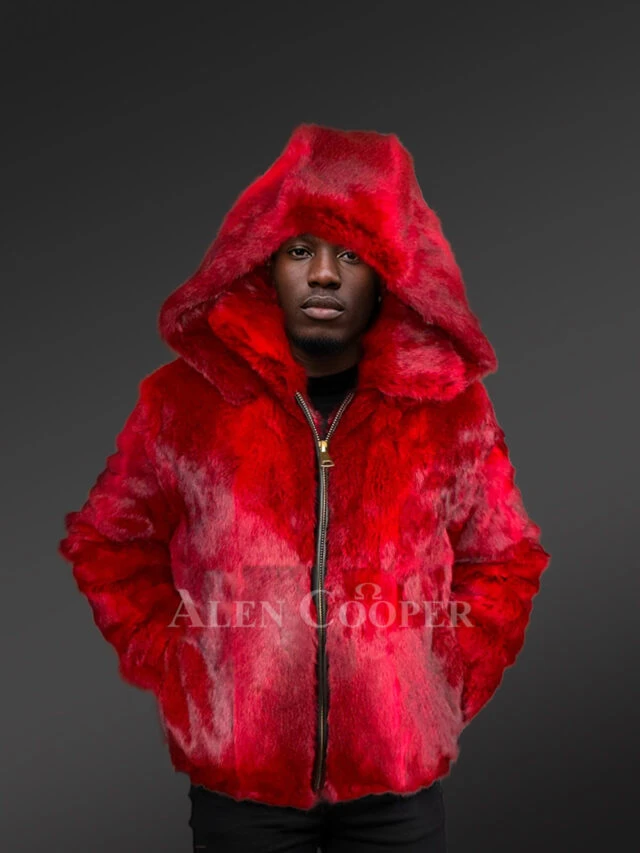 Mens Hare Fur Red Bomber Jacket –Timeless Craftsmanship in Striking Color