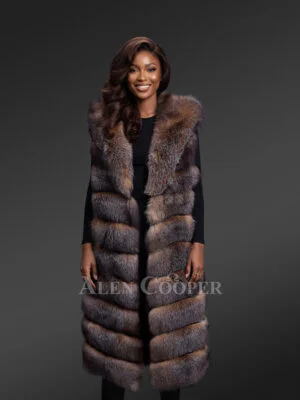 Womens Fox Fur Long Vest with Hood