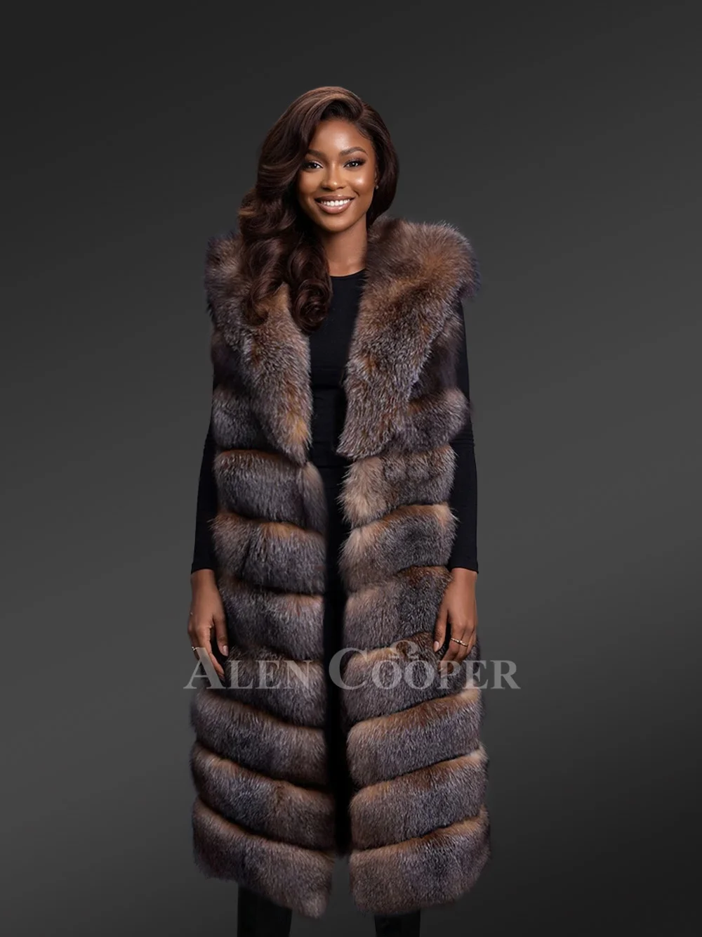 Womens Fox Fur Long Vest with Hood