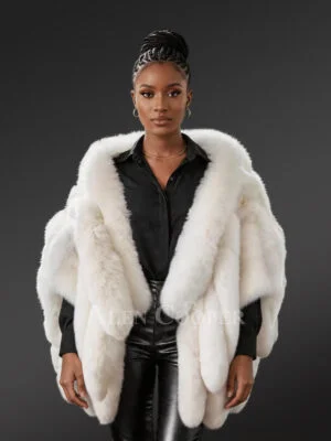 Womens Fox Tail White Cape – Textured Glamour Redefined