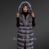 Women’s Upscale Blue Silver Fox Fur Vest with Hood
