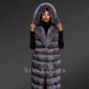 Women’s Upscale Blue Silver Fox Fur Vest with Hood