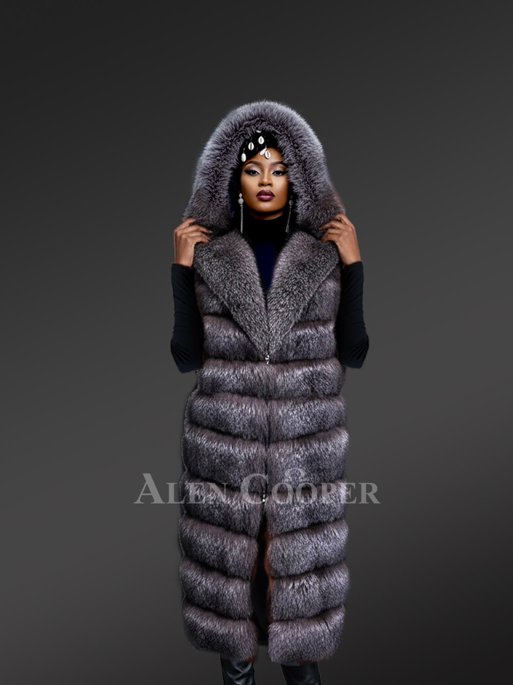 Women’s Upscale Blue Silver Fox Fur Vest with Hood