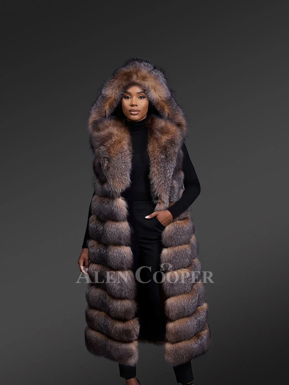 Women’s Upscale Crystal Fox Fur Vest with Hood - Image 4