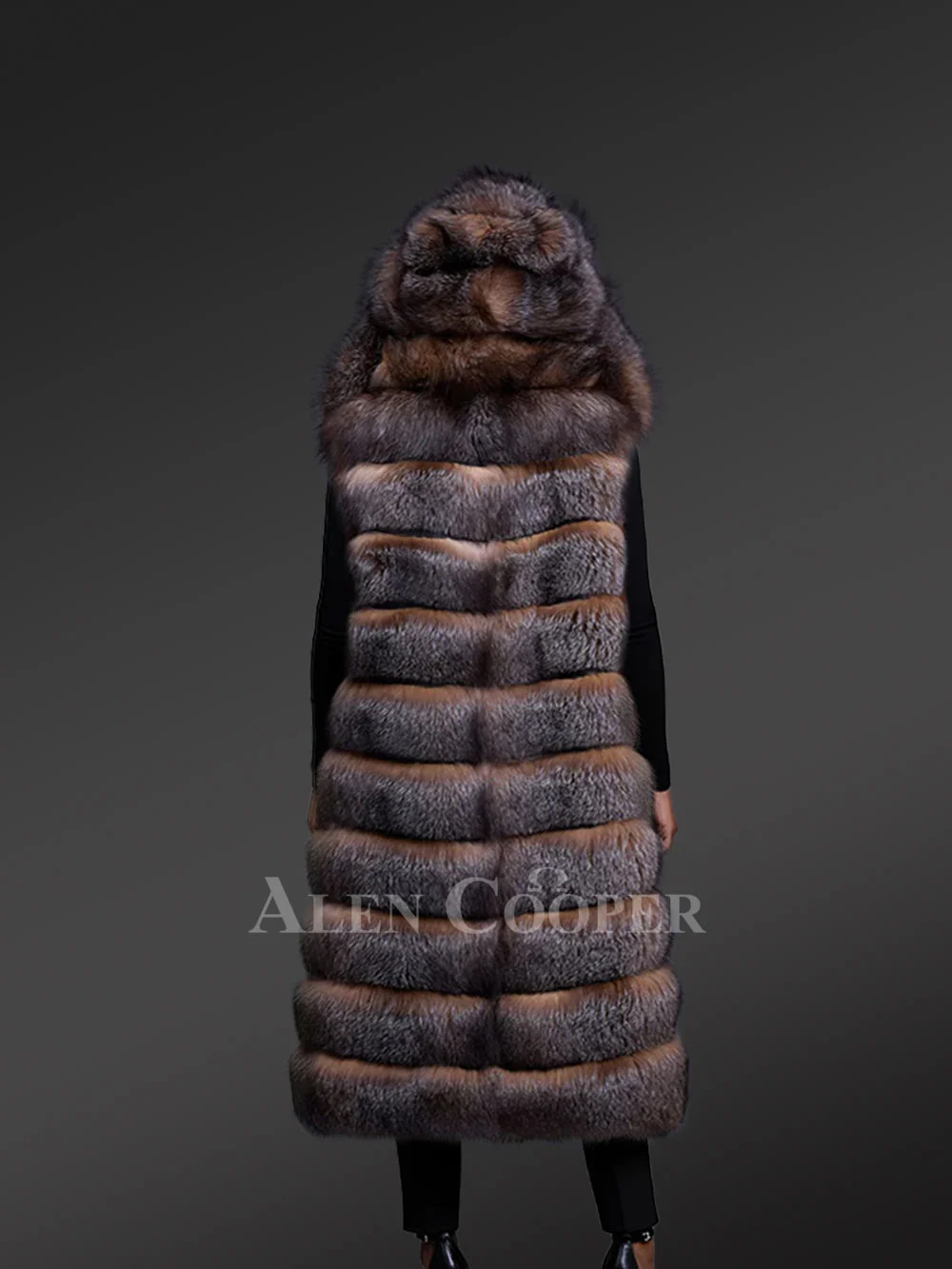 Women’s Upscale Crystal Fox Fur Vest with Hood - Image 6
