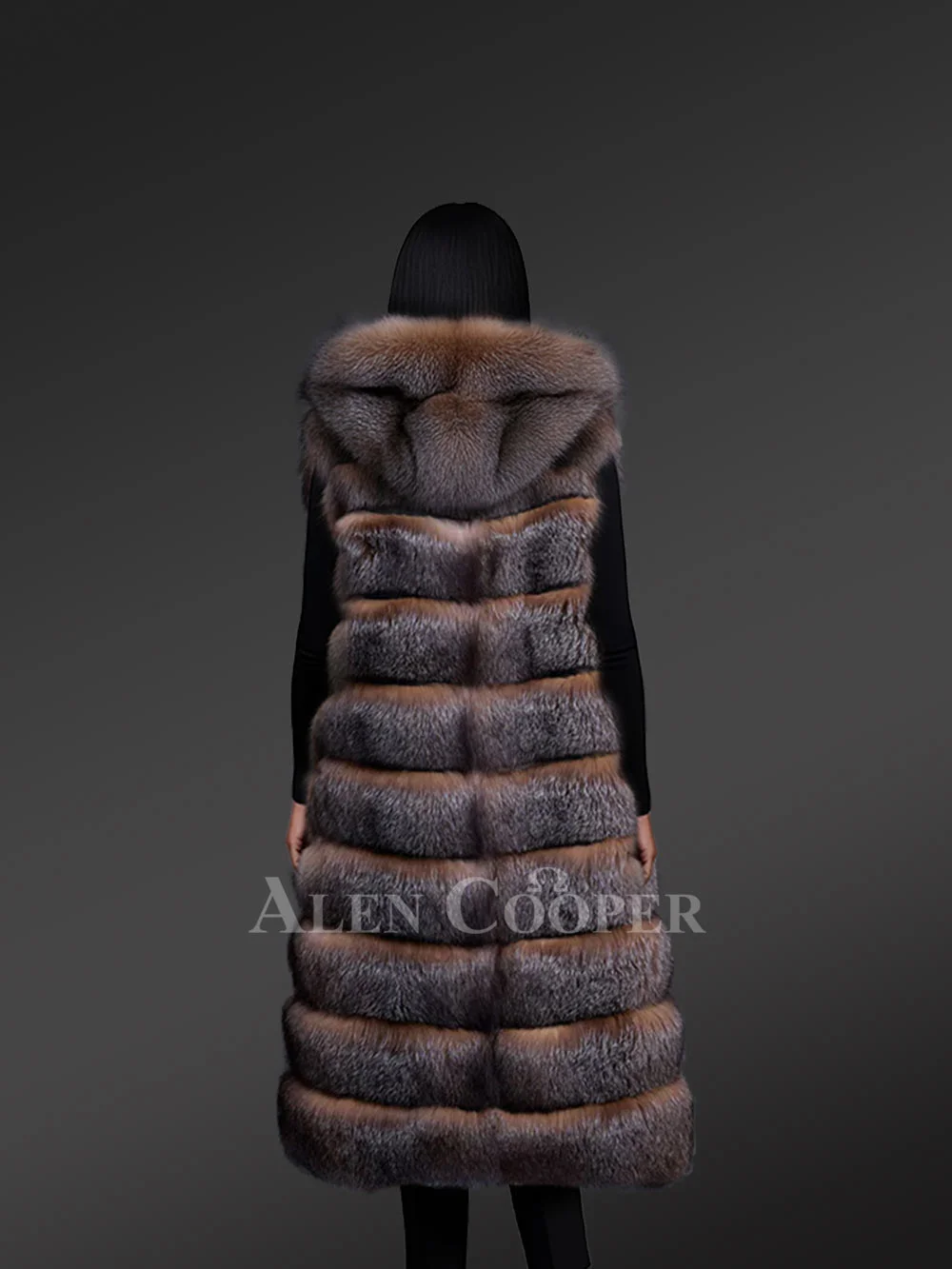 Women’s Upscale Crystal Fox Fur Vest with Hood - Image 7
