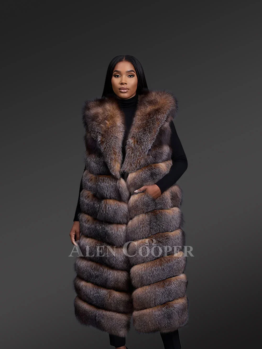 Women’s Upscale Crystal Fox Fur Vest with Hood