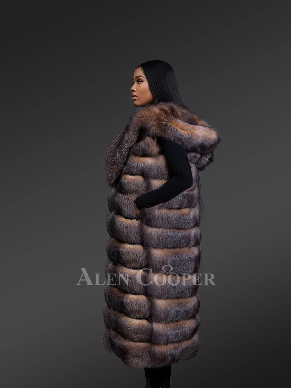 Women’s Upscale Crystal Fox Fur Vest with Hood - Image 5