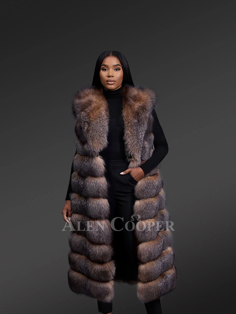 Women’s Upscale Crystal Fox Fur Vest with Hood - Image 2