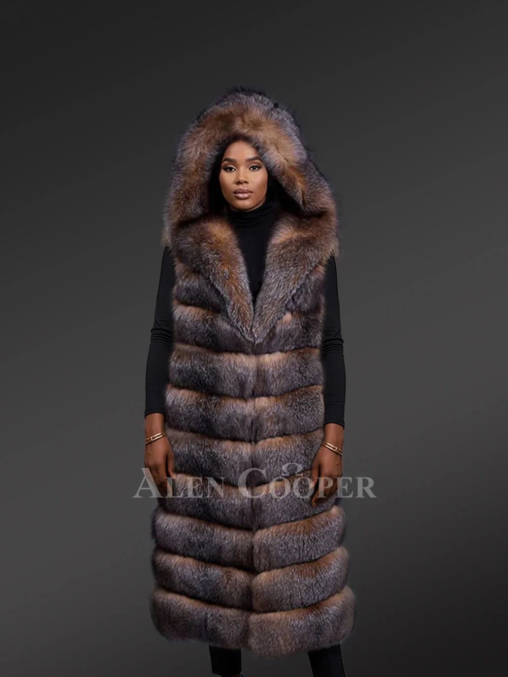 Women’s Upscale Crystal Fox Fur Vest with Hood - Image 3