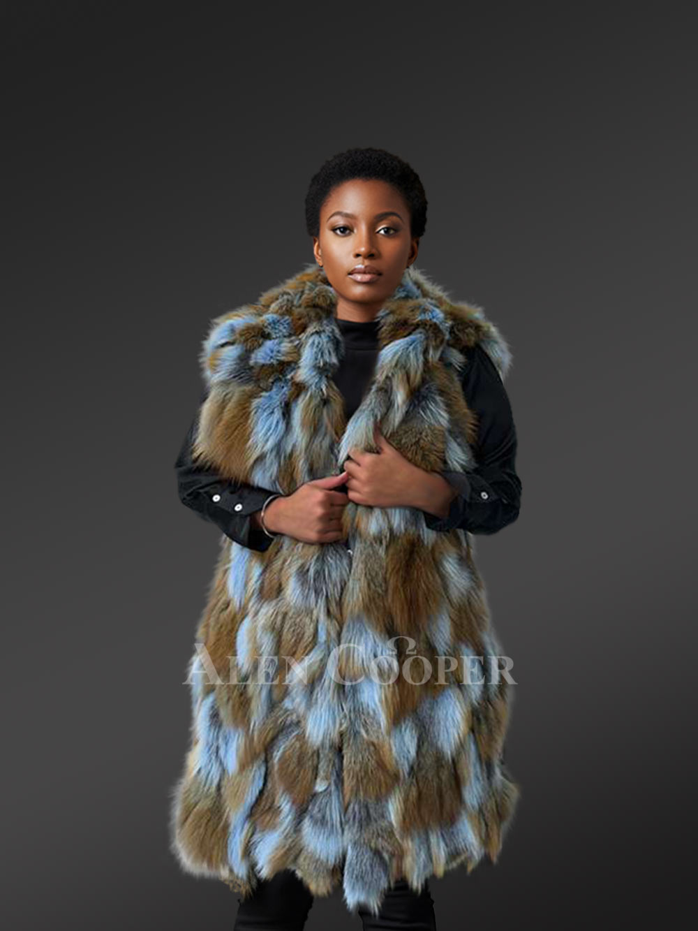 Women’s Hooded Sky Blue and Tan Vest (2)